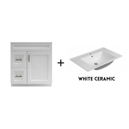 RTA White Shaker 30" Freestanding Bathroom Vanity Combo Base with Optional Quartz or Ceramic Countertop