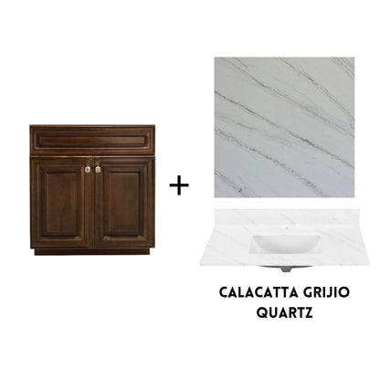 RTA Maple Walnut Raised Panel 30" Freestanding Bathroom Vanity Sink Base with Optional Quartz or Ceramic Countertop
