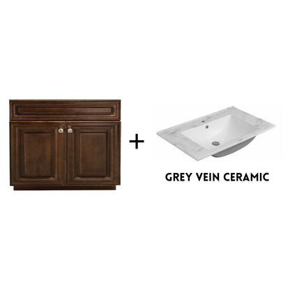 RTA Maple Walnut Raised Panel 36" Freestanding Bathroom Vanity Sink Base with Optional Quartz or Ceramic Countertop