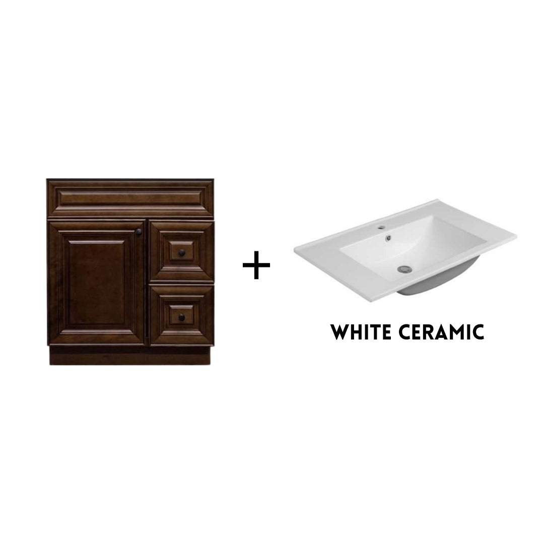RTA Maple Walnut Raised Panel 30" Freestanding Bathroom Vanity Combo Base with Optional Quartz or Ceramic Countertop