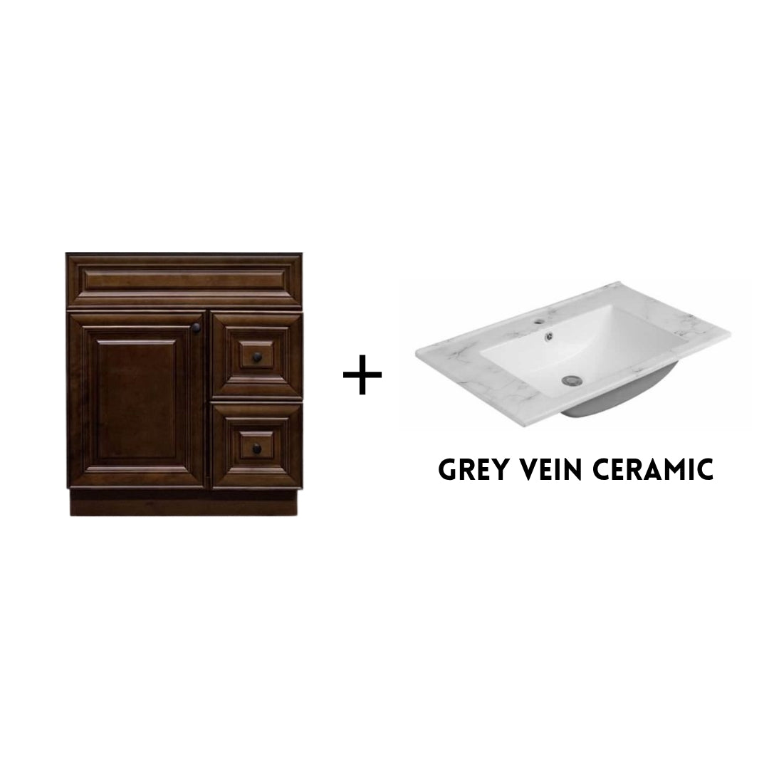 RTA Maple Walnut Raised Panel 30" Freestanding Bathroom Vanity Combo Base with Optional Quartz or Ceramic Countertop