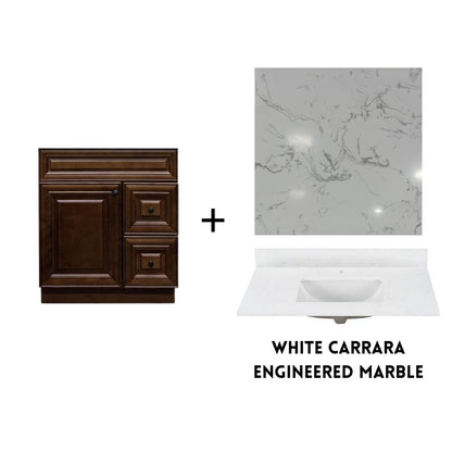 RTA Maple Walnut Raised Panel 30" Freestanding Bathroom Vanity Combo Base with Optional Quartz or Ceramic Countertop