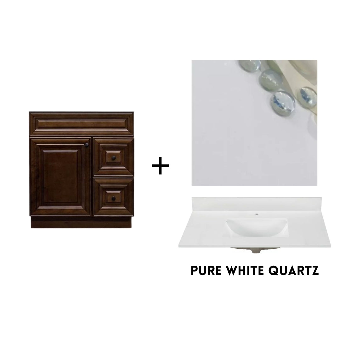RTA Maple Walnut Raised Panel 30" Freestanding Bathroom Vanity Combo Base with Optional Quartz or Ceramic Countertop
