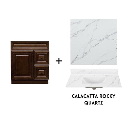 RTA Maple Walnut Raised Panel 30" Freestanding Bathroom Vanity Combo Base with Optional Quartz or Ceramic Countertop