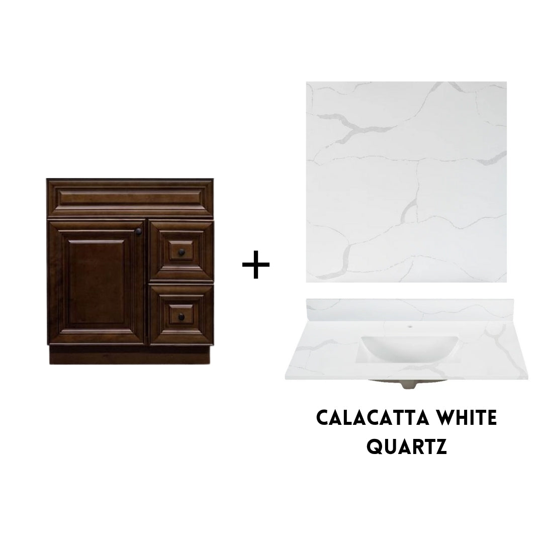 RTA Maple Walnut Raised Panel 30" Freestanding Bathroom Vanity Combo Base with Optional Quartz or Ceramic Countertop