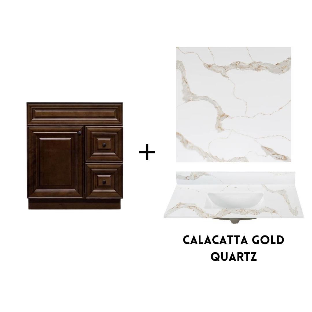 RTA Maple Walnut Raised Panel 30" Freestanding Bathroom Vanity Combo Base with Optional Quartz or Ceramic Countertop