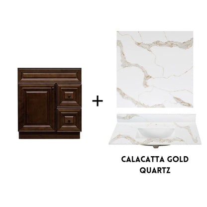 RTA Maple Walnut Raised Panel 30" Freestanding Bathroom Vanity Combo Base with Optional Quartz or Ceramic Countertop