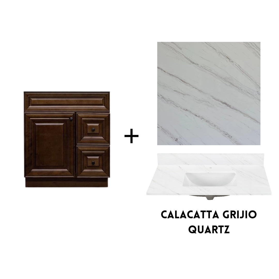 RTA Maple Walnut Raised Panel 30" Freestanding Bathroom Vanity Combo Base with Optional Quartz or Ceramic Countertop