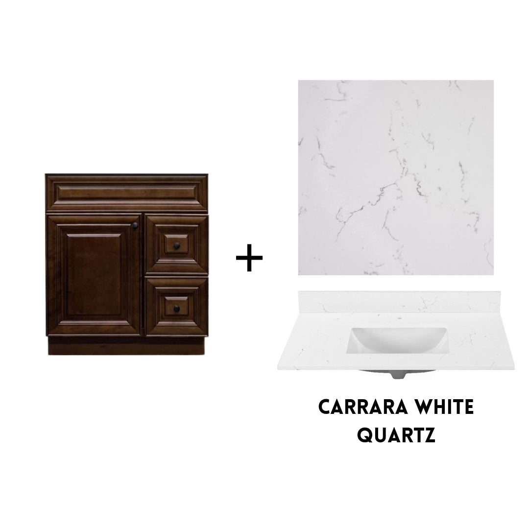RTA Maple Walnut Raised Panel 30" Freestanding Bathroom Vanity Combo Base with Optional Quartz or Ceramic Countertop