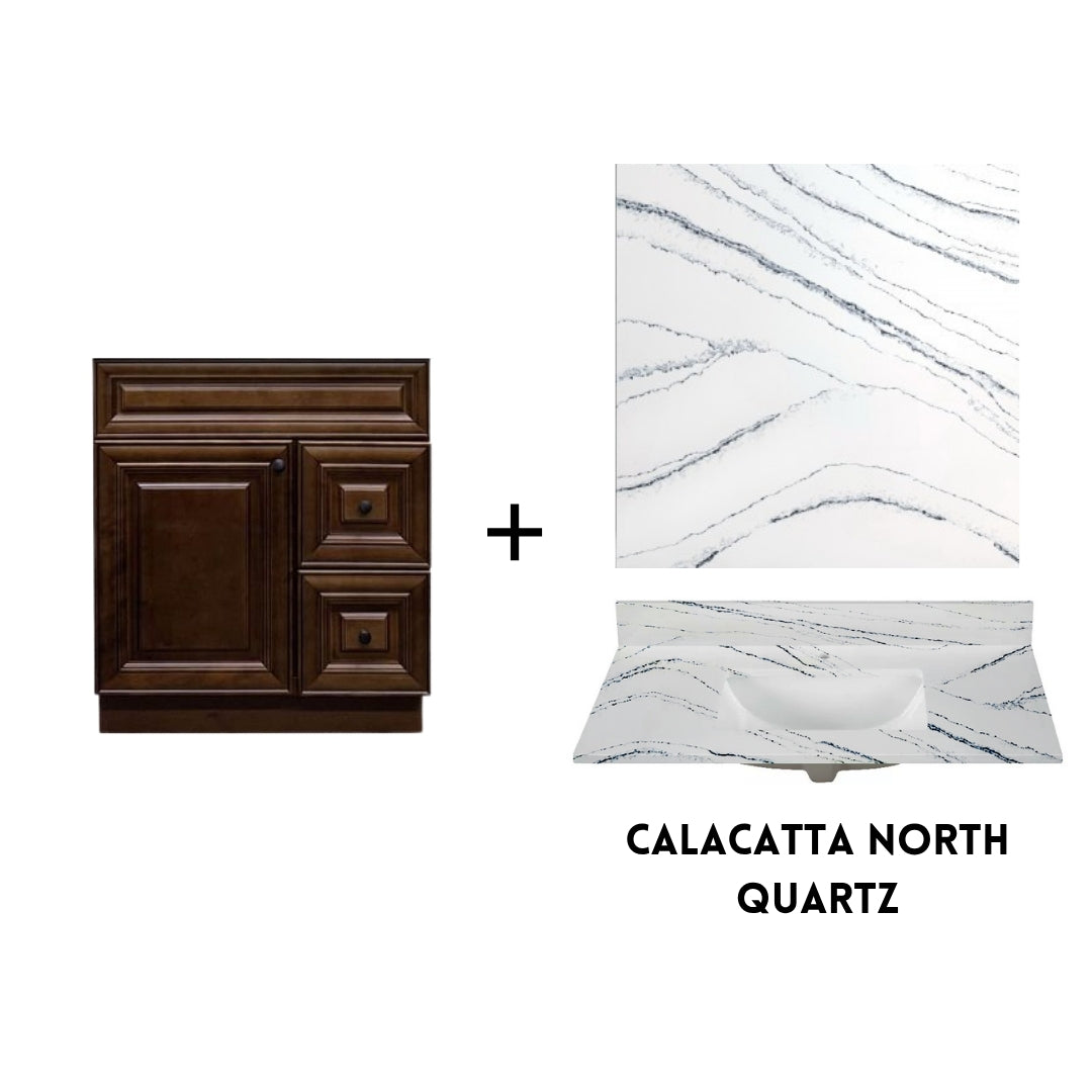 RTA Maple Walnut Raised Panel 30" Freestanding Bathroom Vanity Combo Base with Optional Quartz or Ceramic Countertop