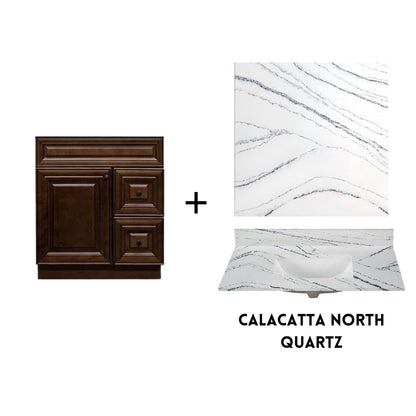 RTA Maple Walnut Raised Panel 30" Freestanding Bathroom Vanity Combo Base with Optional Quartz or Ceramic Countertop
