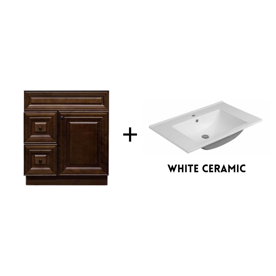 RTA Maple Walnut Raised Panel 30" Freestanding Bathroom Vanity Combo Base with Optional Quartz or Ceramic Countertop