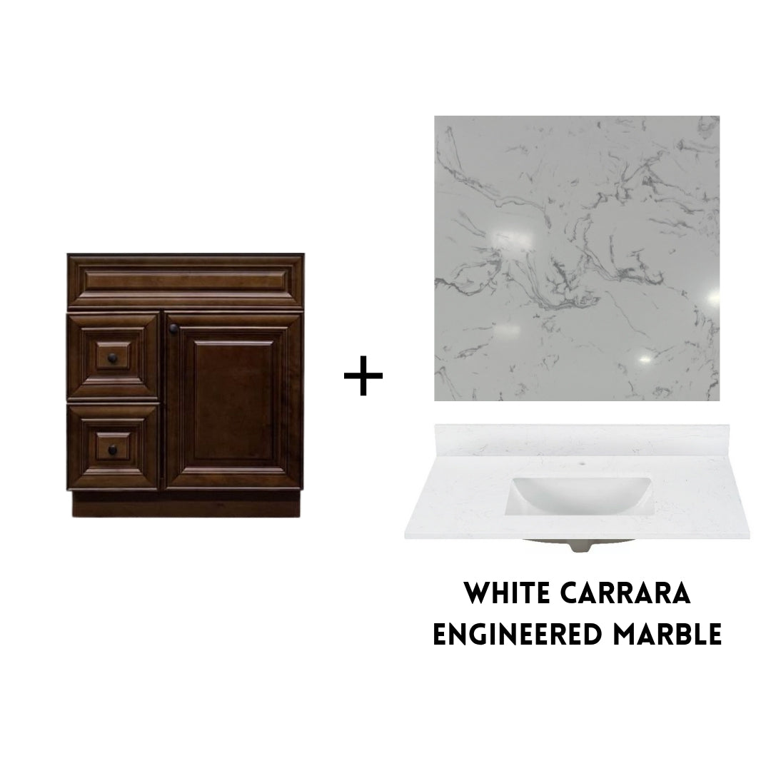 RTA Maple Walnut Raised Panel 30" Freestanding Bathroom Vanity Combo Base with Optional Quartz or Ceramic Countertop