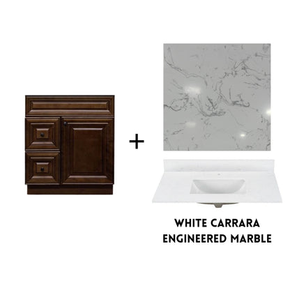RTA Maple Walnut Raised Panel 30" Freestanding Bathroom Vanity Combo Base with Optional Quartz or Ceramic Countertop