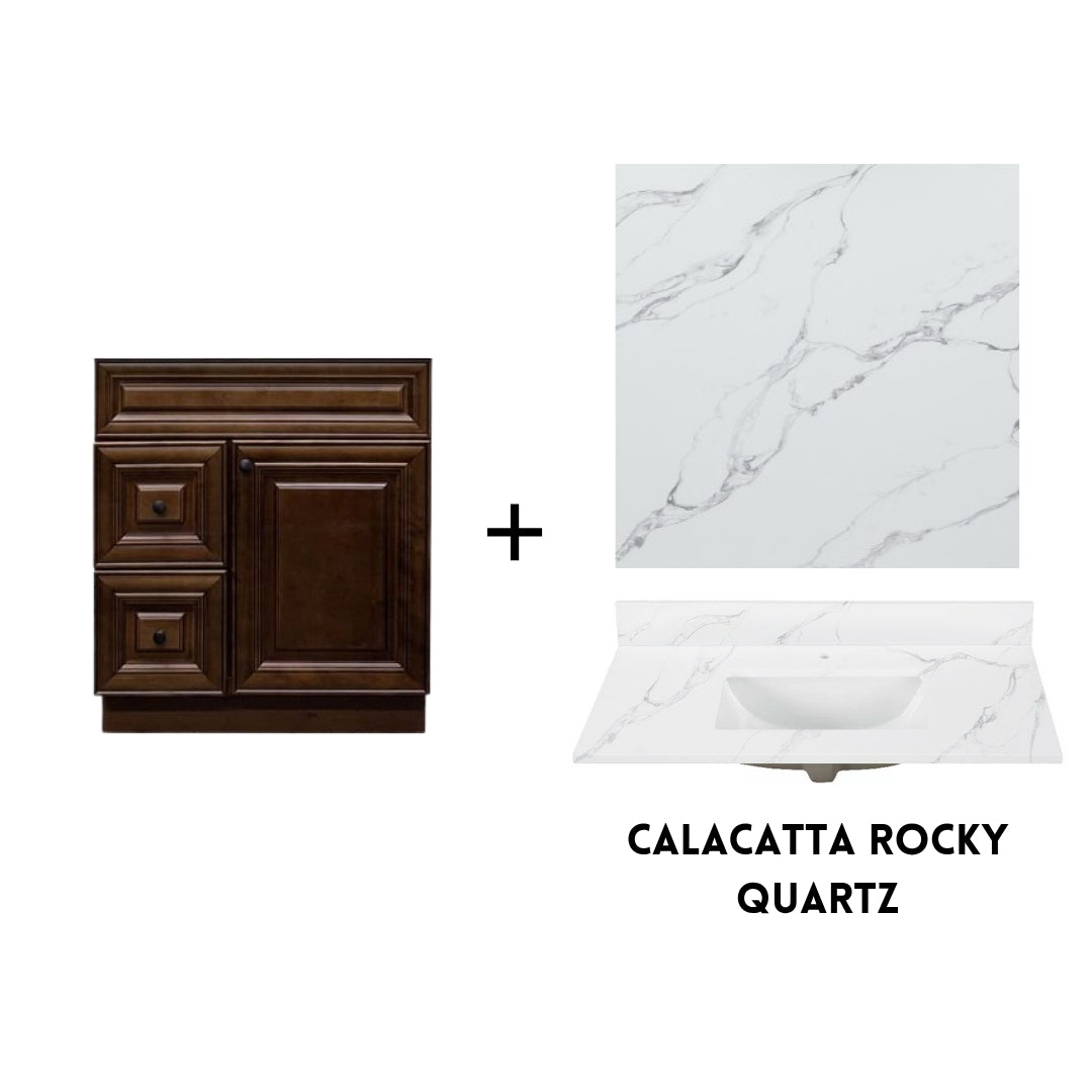 RTA Maple Walnut Raised Panel 30" Freestanding Bathroom Vanity Combo Base with Optional Quartz or Ceramic Countertop
