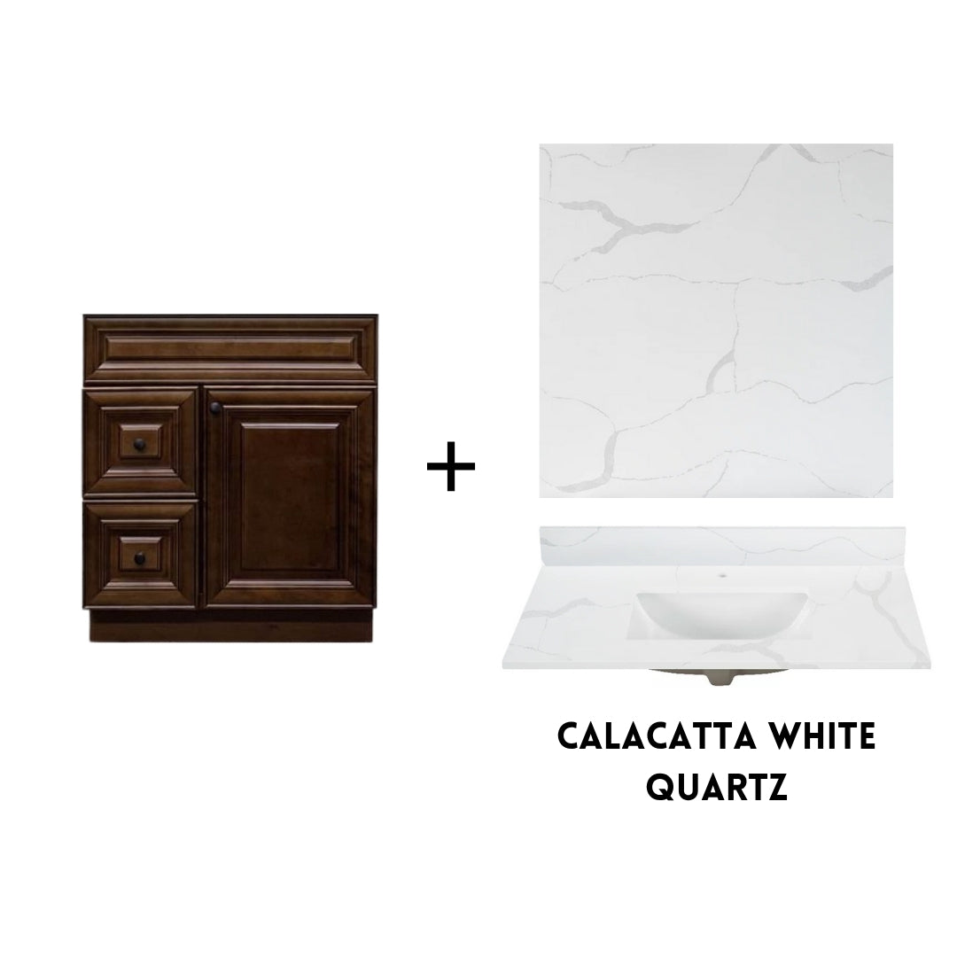 RTA Maple Walnut Raised Panel 30" Freestanding Bathroom Vanity Combo Base with Optional Quartz or Ceramic Countertop