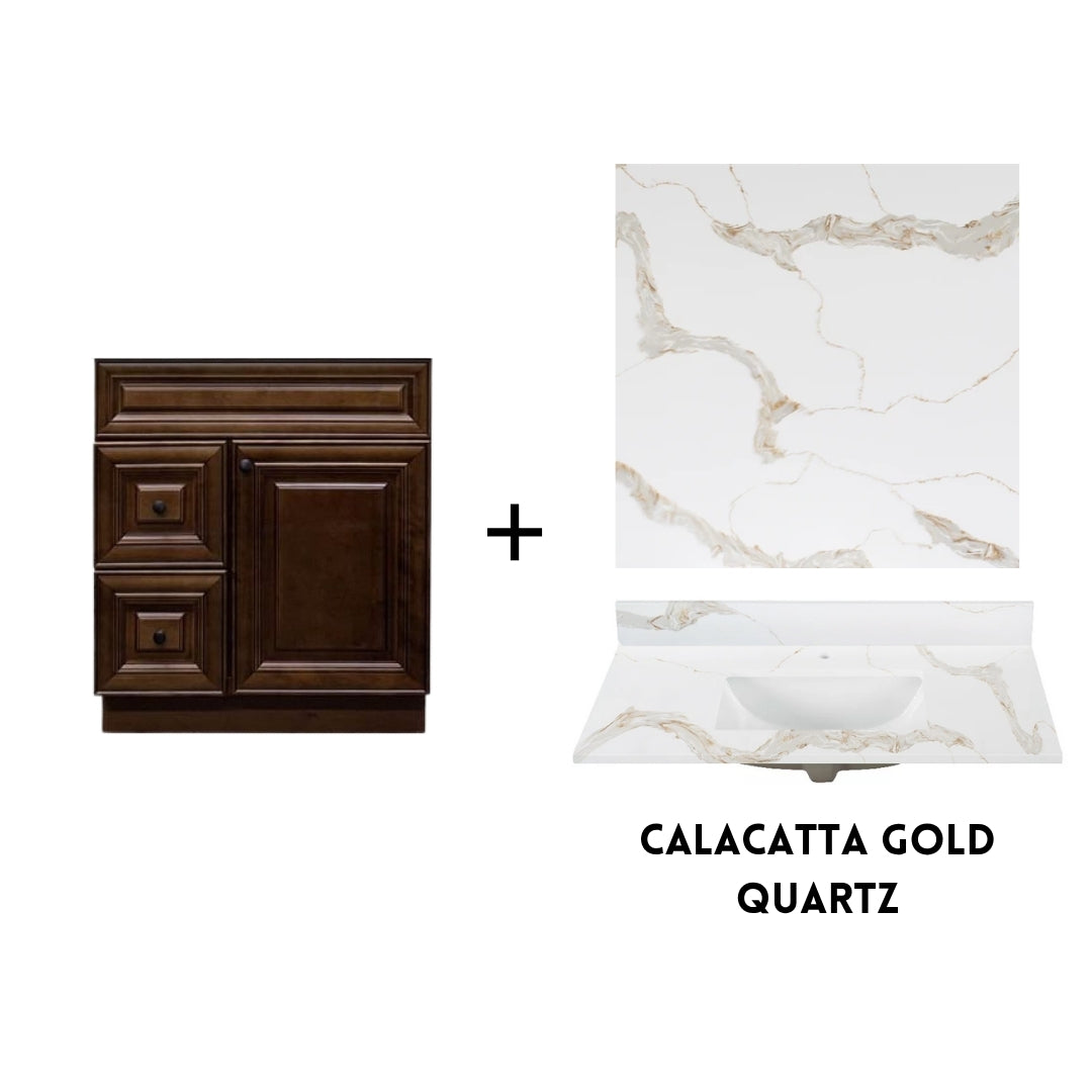 RTA Maple Walnut Raised Panel 30" Freestanding Bathroom Vanity Combo Base with Optional Quartz or Ceramic Countertop
