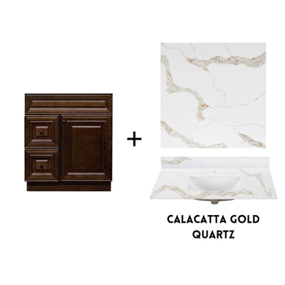 RTA Maple Walnut Raised Panel 30" Freestanding Bathroom Vanity Combo Base with Optional Quartz or Ceramic Countertop