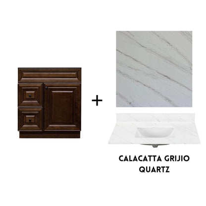 RTA Maple Walnut Raised Panel 30" Freestanding Bathroom Vanity Combo Base with Optional Quartz or Ceramic Countertop