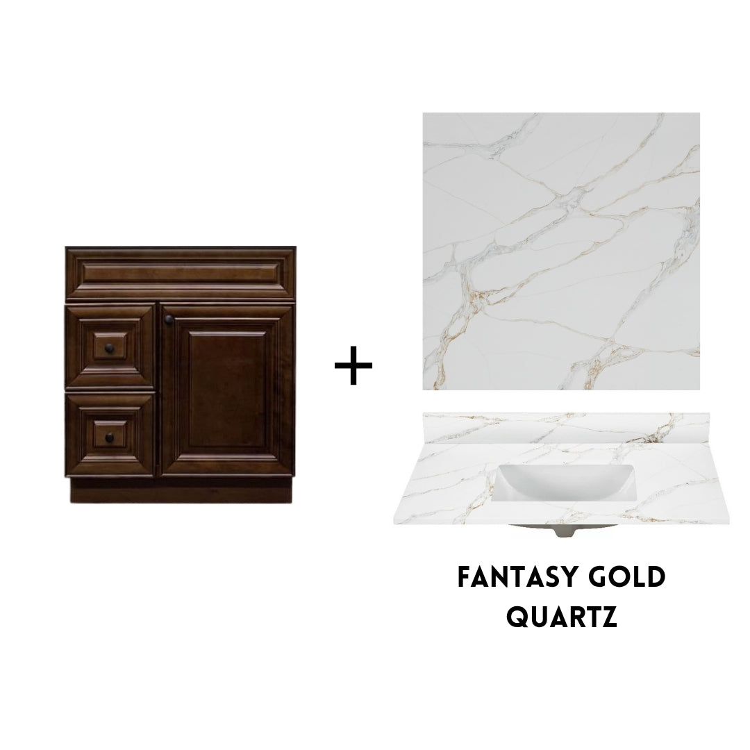 RTA Maple Walnut Raised Panel 30" Freestanding Bathroom Vanity Combo Base with Optional Quartz or Ceramic Countertop