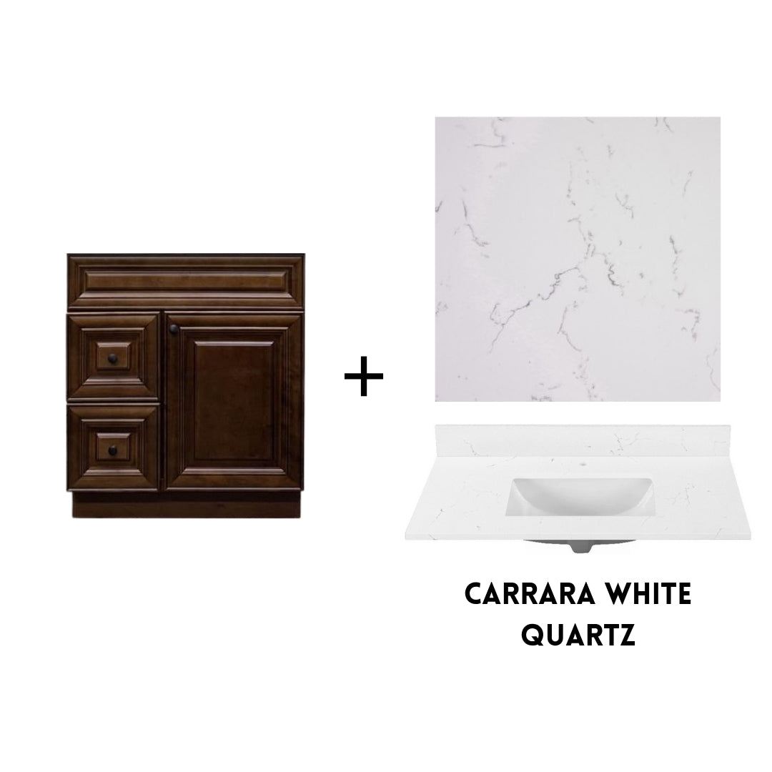 RTA Maple Walnut Raised Panel 30" Freestanding Bathroom Vanity Combo Base with Optional Quartz or Ceramic Countertop