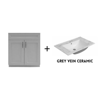 RTA Light Grey Shaker 30" Freestanding Bathroom Vanity Sink Base with Optional Quartz or Ceramic Countertop