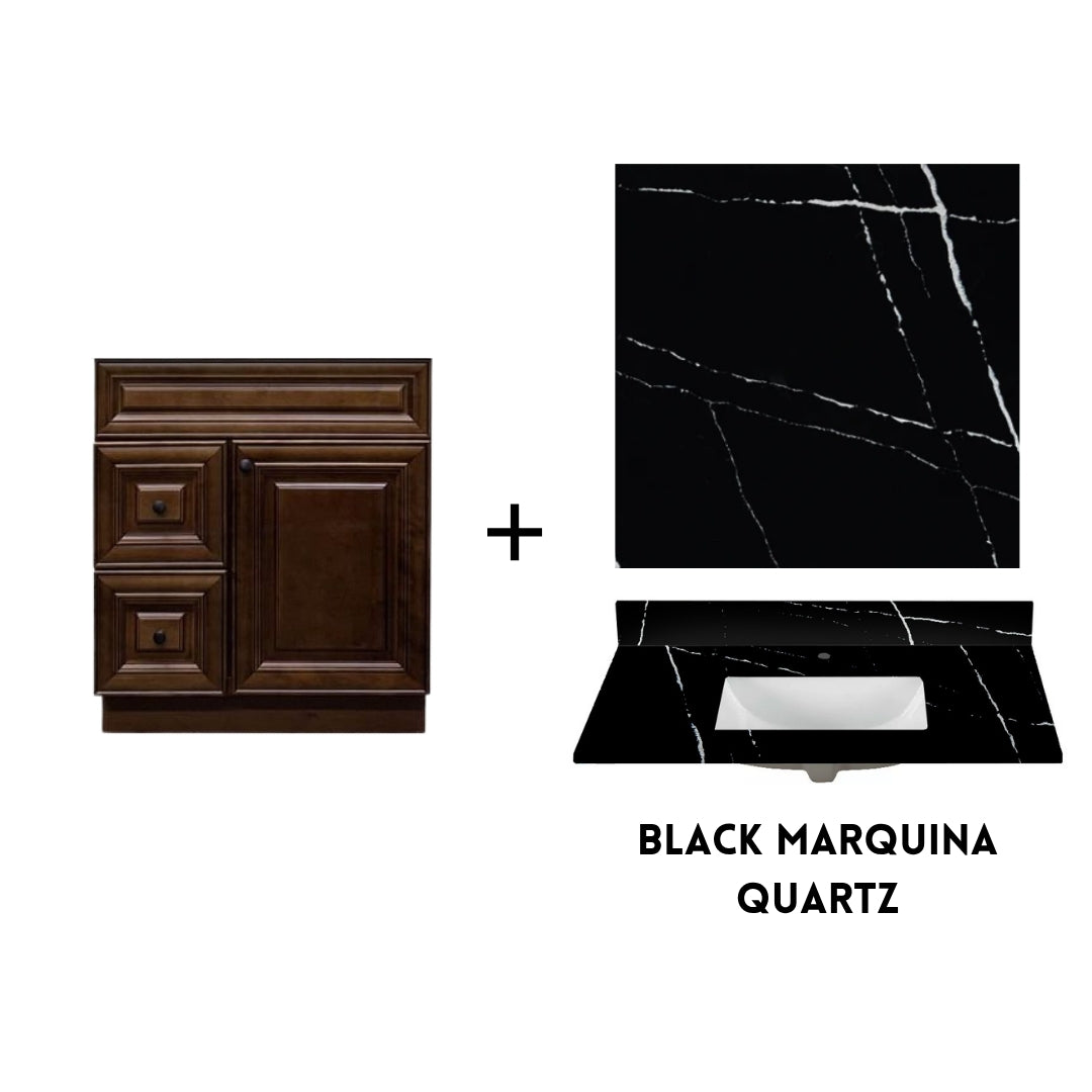 RTA Maple Walnut Raised Panel 30" Freestanding Bathroom Vanity Combo Base with Optional Quartz or Ceramic Countertop