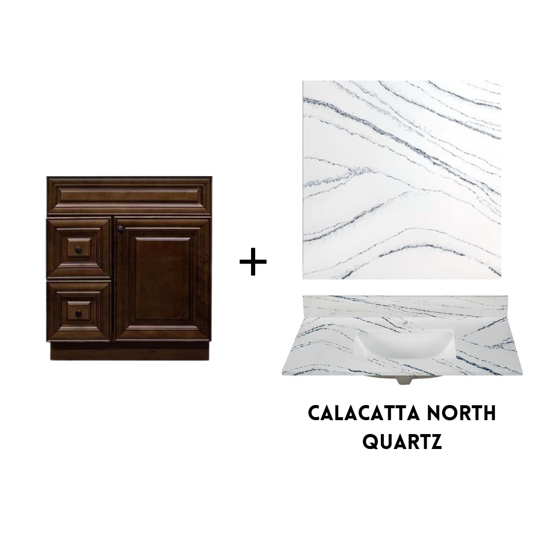RTA Maple Walnut Raised Panel 30" Freestanding Bathroom Vanity Combo Base with Optional Quartz or Ceramic Countertop