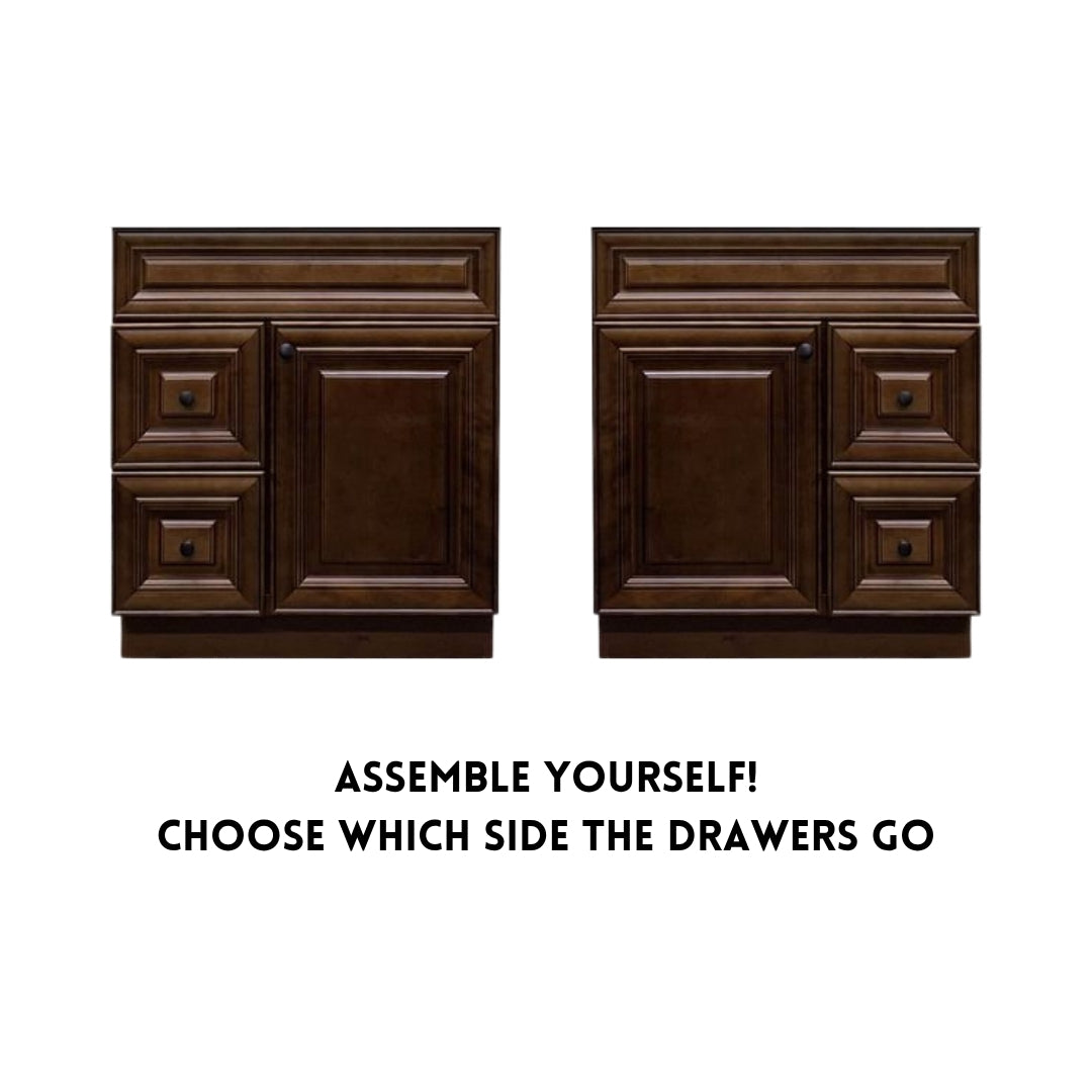 RTA Maple Walnut Raised Panel 30" Freestanding Bathroom Vanity Combo Base with Optional Quartz or Ceramic Countertop