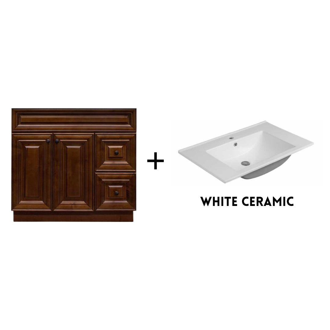 RTA Maple Walnut Raised Panel 36" Freestanding Bathroom Vanity Combo Base with Optional Quartz or Ceramic Countertop