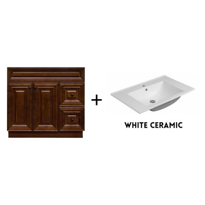 RTA Maple Walnut Raised Panel 36" Freestanding Bathroom Vanity Combo Base with Optional Quartz or Ceramic Countertop