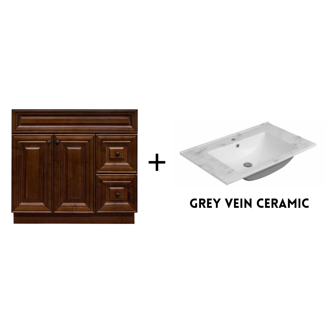 RTA Maple Walnut Raised Panel 36" Freestanding Bathroom Vanity Combo Base with Optional Quartz or Ceramic Countertop