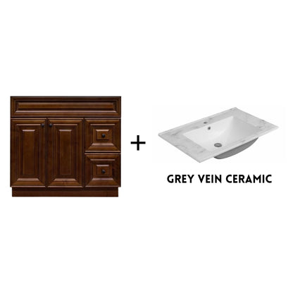 RTA Maple Walnut Raised Panel 36" Freestanding Bathroom Vanity Combo Base with Optional Quartz or Ceramic Countertop