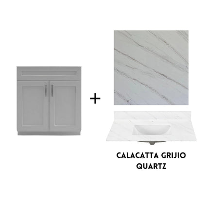 RTA Light Grey Shaker 30" Freestanding Bathroom Vanity Sink Base with Optional Quartz or Ceramic Countertop