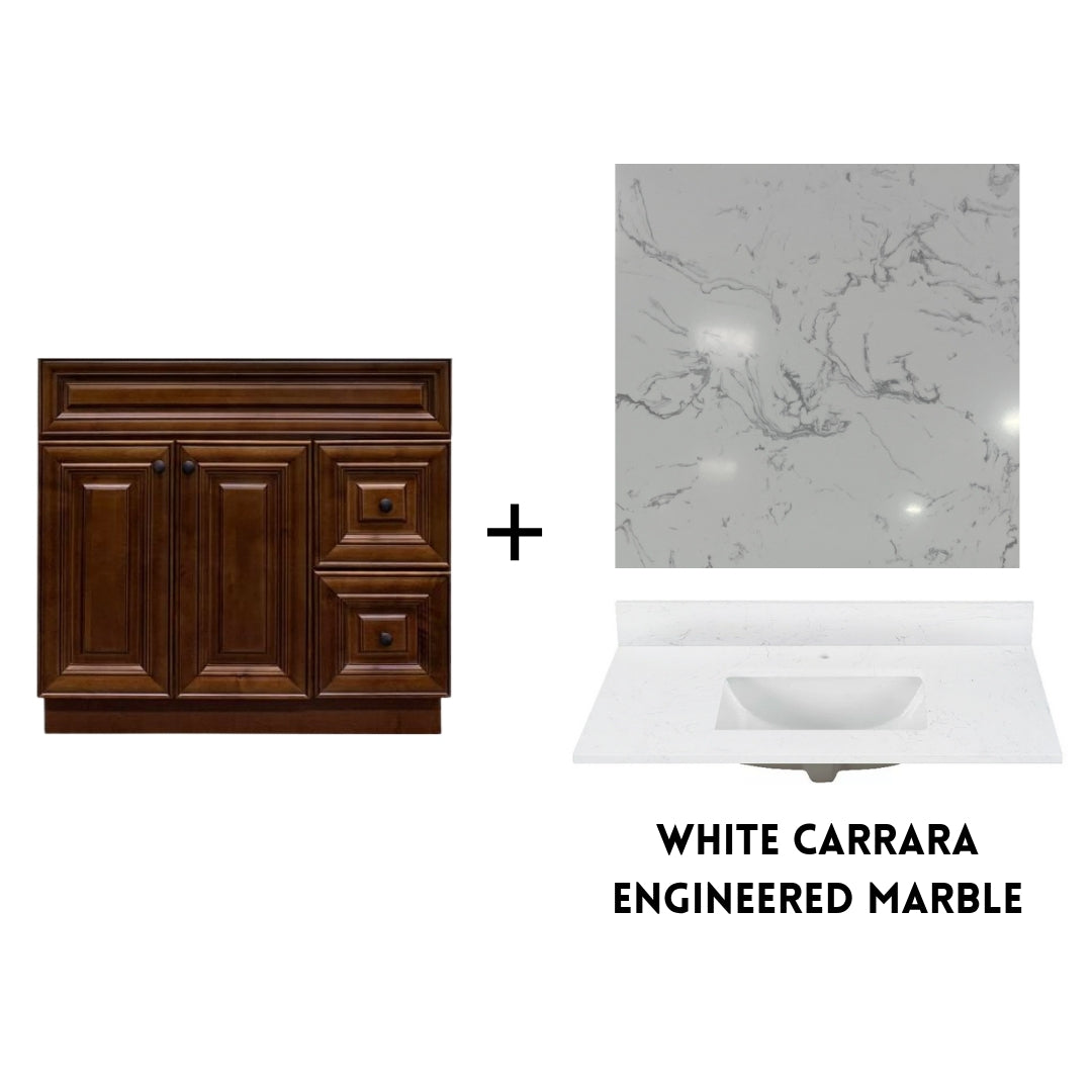 RTA Maple Walnut Raised Panel 36" Freestanding Bathroom Vanity Combo Base with Optional Quartz or Ceramic Countertop