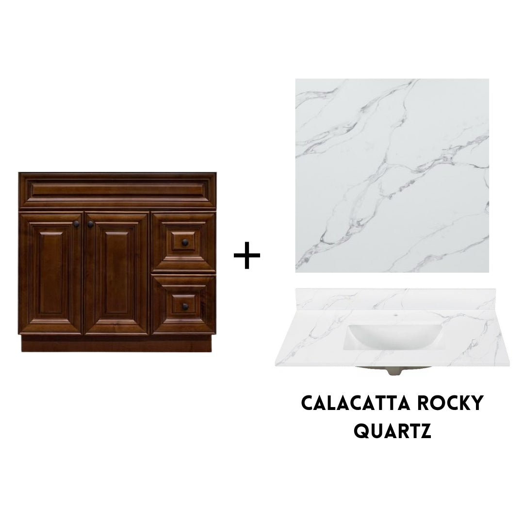 RTA Maple Walnut Raised Panel 36" Freestanding Bathroom Vanity Combo Base with Optional Quartz or Ceramic Countertop