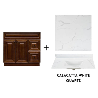 RTA Maple Walnut Raised Panel 36" Freestanding Bathroom Vanity Combo Base with Optional Quartz or Ceramic Countertop