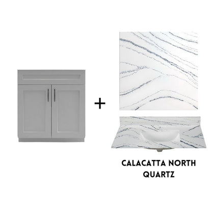 RTA Light Grey Shaker 30" Freestanding Bathroom Vanity Sink Base with Optional Quartz or Ceramic Countertop