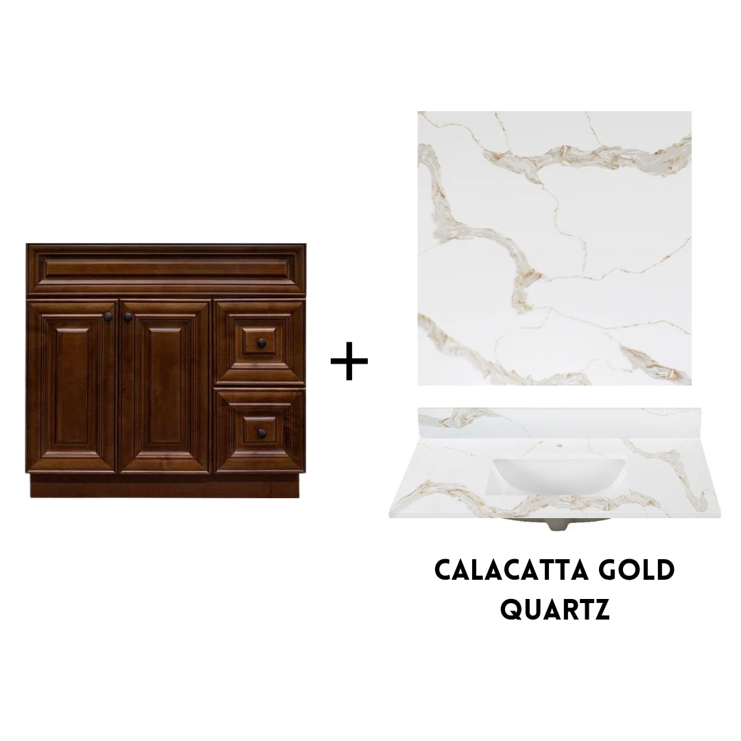 RTA Maple Walnut Raised Panel 36" Freestanding Bathroom Vanity Combo Base with Optional Quartz or Ceramic Countertop