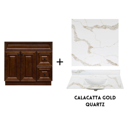 RTA Maple Walnut Raised Panel 36" Freestanding Bathroom Vanity Combo Base with Optional Quartz or Ceramic Countertop