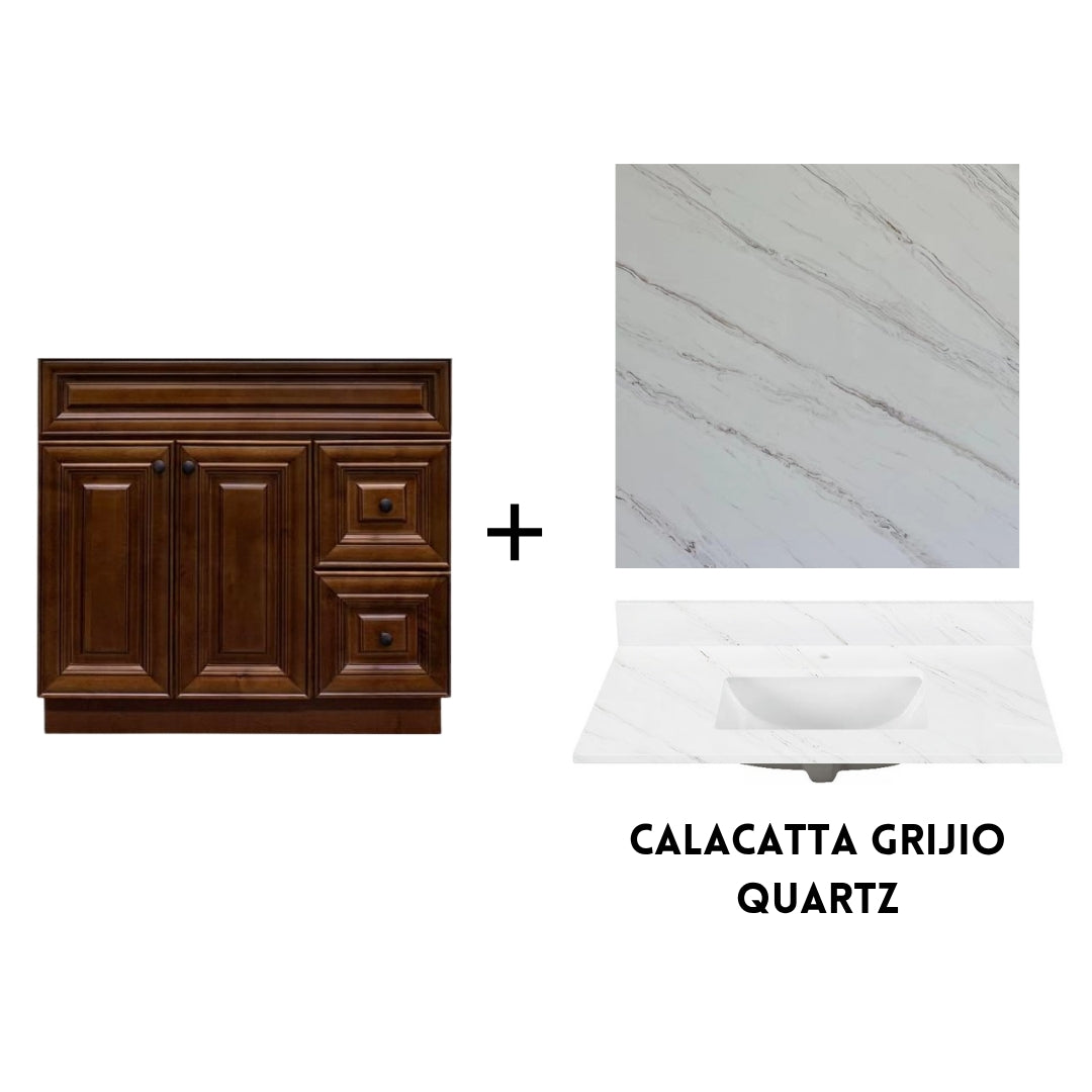 RTA Maple Walnut Raised Panel 36" Freestanding Bathroom Vanity Combo Base with Optional Quartz or Ceramic Countertop
