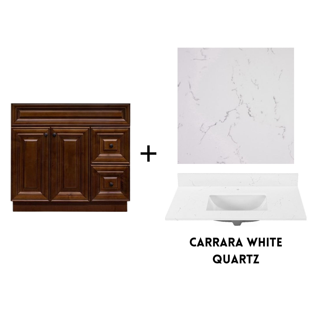 RTA Maple Walnut Raised Panel 36" Freestanding Bathroom Vanity Combo Base with Optional Quartz or Ceramic Countertop