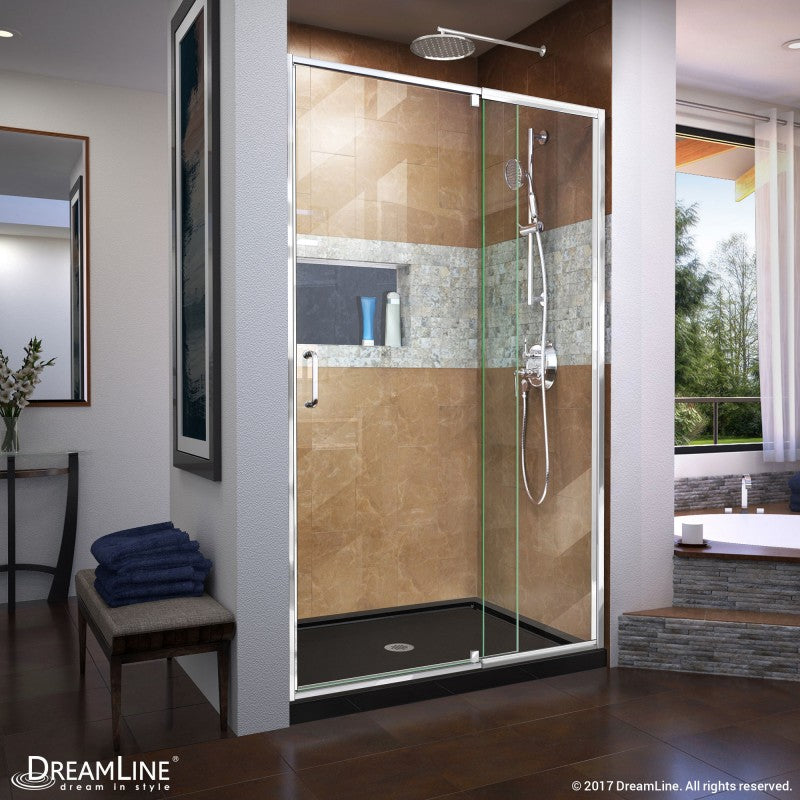 Flex Semi-Frameless Pivot Shower Door Kit with Black Shower Base Pan and Center Drain