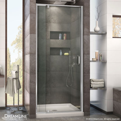 Flex Semi-Frameless Pivot Shower Door Kit with Biscuit Shower Base Pan and Center Drain