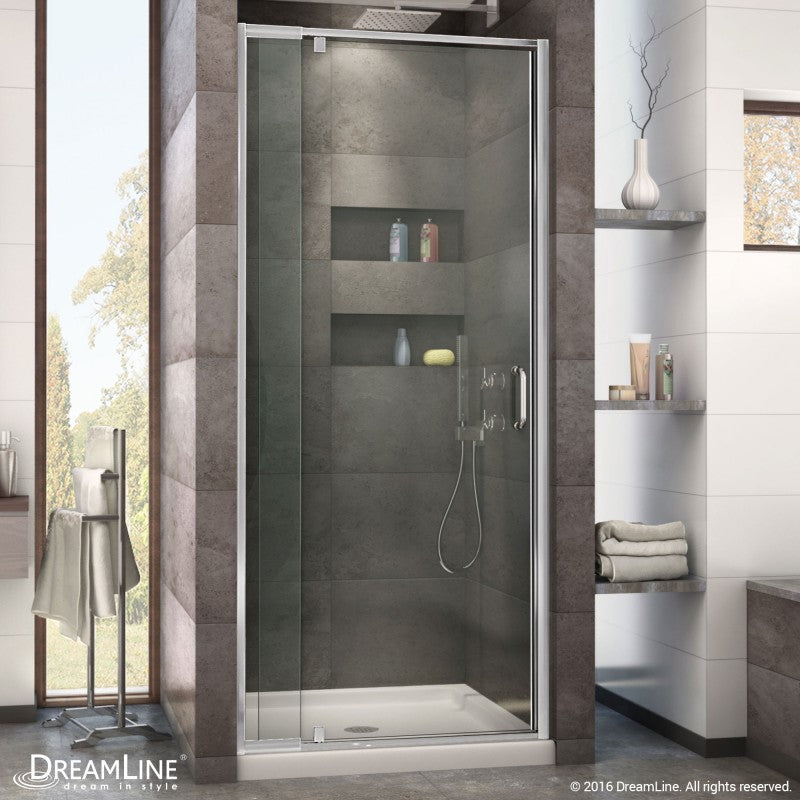 Flex Semi-Frameless Pivot Shower Door Kit with Biscuit Shower Base Pan and Center Drain