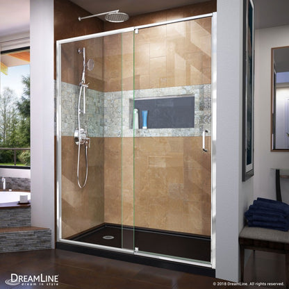 Flex Semi-Frameless Pivot Shower Door Kit with Black Shower Base Pan and Left Drain