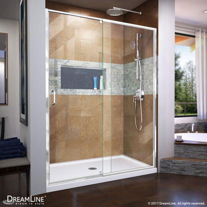 Flex Semi-Frameless Pivot Shower Door Kit with White Shower Base Pan and Center Drain