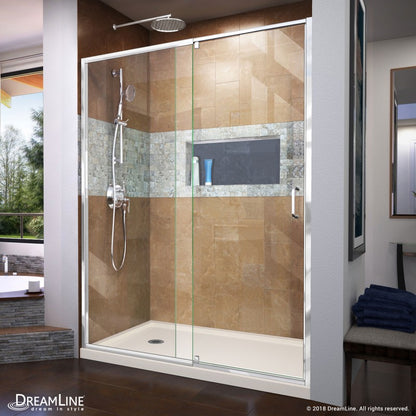 Flex Semi-Frameless Pivot Shower Door Kit with Biscuit Shower Base Pan and Left Drain