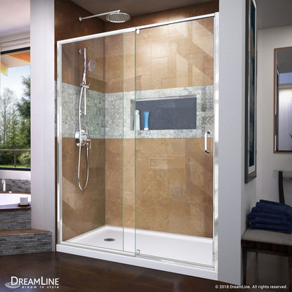 Flex Semi-Frameless Pivot Shower Door Kit with White Shower Base Pan and Left Drain