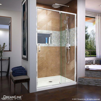 Flex Semi-Frameless Pivot Shower Door Kit with White Shower Base Pan and Center Drain
